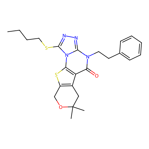 1-(butylsulfanyl)-7,7-dimethyl-4-(2-phenylethyl)-6,9-dihydro-7H-pyrano[4',3':4,5]thieno[3,2-e][1,2,4]triazolo[4,3-a]pyrimidin-5(4H)-one structure