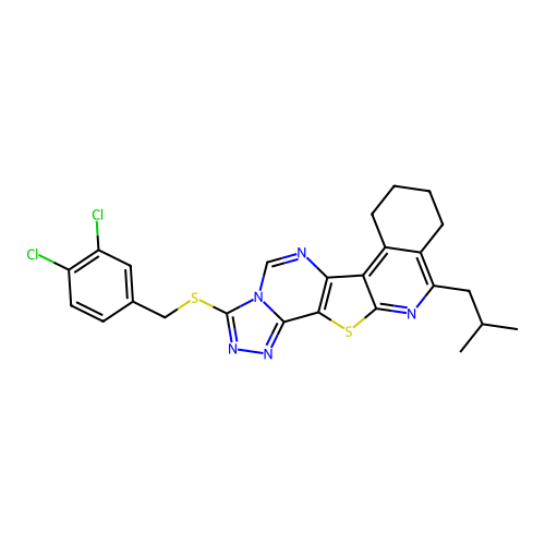 3-((3,4-dichlorobenzyl)thio)-11-isobutyl-7,8,9,10-tetrahydro-[1,2,4]triazolo[4'',3'':1',6']pyrimido[4',5':4,5]thieno[2,3-c]isoquinoline structure