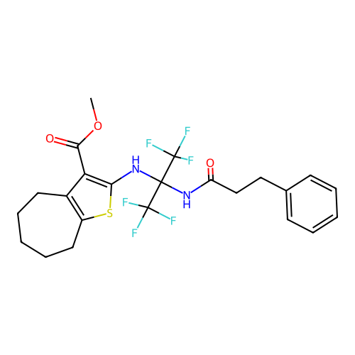 methyl 2-((1,1,1,3,3,3-hexafluoro-2-(3-phenylpropanamido)propan-2-yl)amino)-5,6,7,8-tetrahydro-4H-cyclohepta[b]thiophene-3-carboxylate structure
