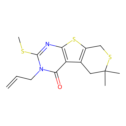 3-allyl-6,6-dimethyl-2-(methylthio)-5,6-dihydro-3H-thiopyrano[4',3':4,5]thieno[2,3-d]pyrimidin-4(8H)-one structure