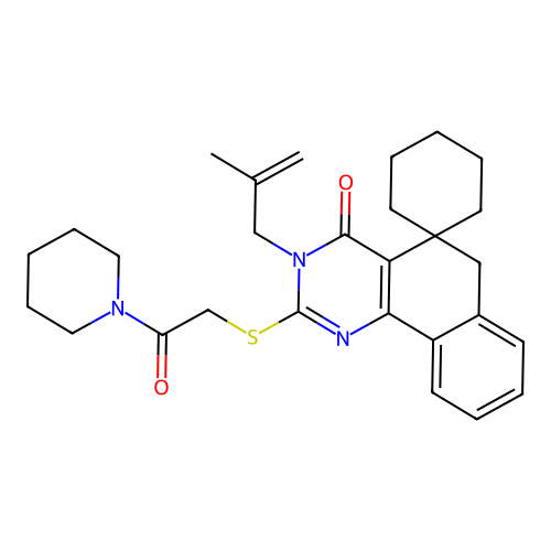3-(2-methylallyl)-2-((2-oxo-2-(piperidin-1-yl)ethyl)thio)-3H-spiro[benzo[h]quinazoline-5,1'-cyclohexan]-4(6H)-one structure