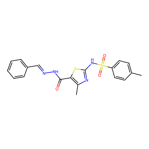 N-[(E)-benzalamino]-4-methyl-2-(tosylamino)thiazole-5-carboxamide structure