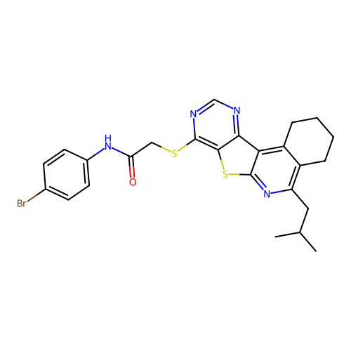 N-(4-bromophenyl)-2-((5-isobutyl-1,2,3,4-tetrahydropyrimido[4',5':4,5]thieno[2,3-c]isoquinolin-8-yl)thio)acetamide structure