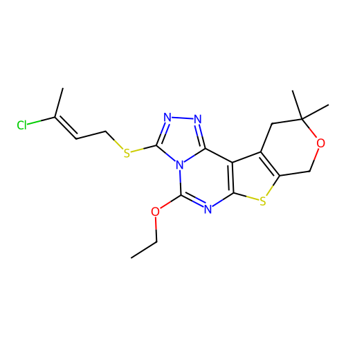(E)-3-((3-chlorobut-2-en-1-yl)thio)-5-ethoxy-10,10-dimethyl-10,11-dihydro-8H-pyrano[4',3':4,5]thieno[3,2-e][1,2,4]triazolo[4,3-c]pyrimidine structure
