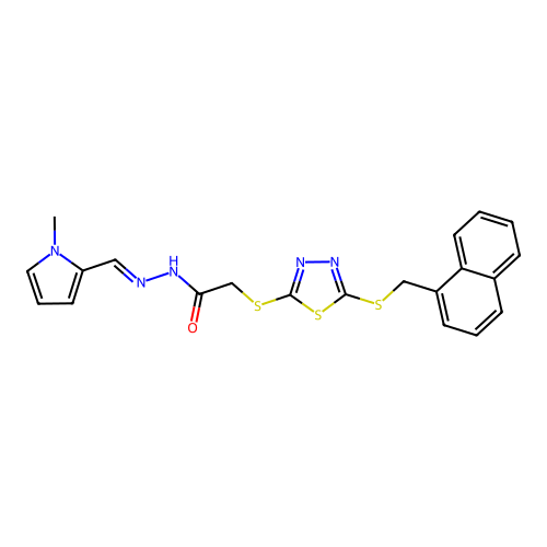 (E)-N'-((1-methyl-1H-pyrrol-2-yl)methylene)-2-((5-((naphthalen-1-ylmethyl)thio)-1,3,4-thiadiazol-2-yl)thio)acetohydrazide structure