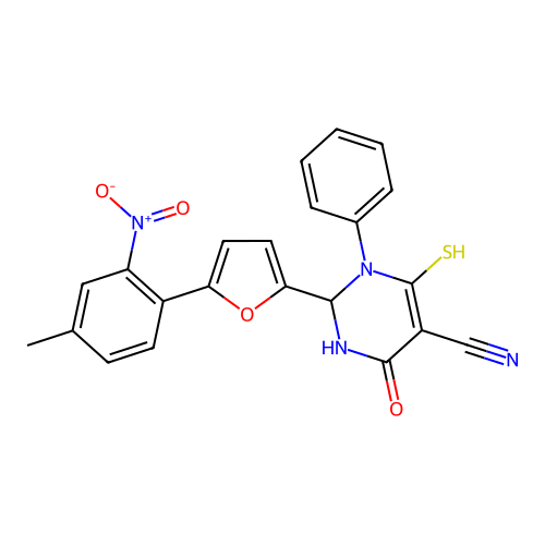 2-[5-(4-methyl-2-nitrophenyl)(2-furyl)]-6-oxo-3-phenyl-4-sulfanyl-1,2,3-trihyd ropyrimidine-5-carbonitrile structure