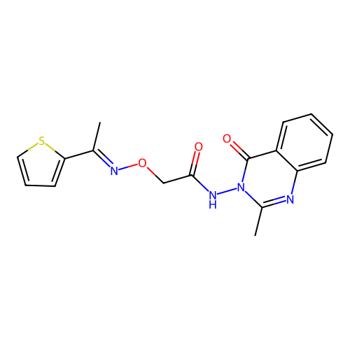 (E)-N-(2-methyl-4-oxoquinazolin-3(4H)-yl)-2-(((1-(thiophen-2-yl)ethylidene)amino)oxy)acetamide structure