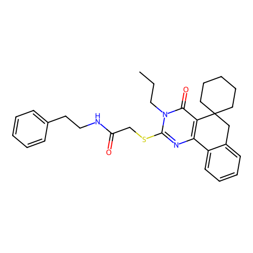 2-((4-oxo-3-propyl-4,6-dihydro-3H-spiro[benzo[h]quinazoline-5,1'-cyclohexan]-2-yl)thio)-N-phenethylacetamide structure