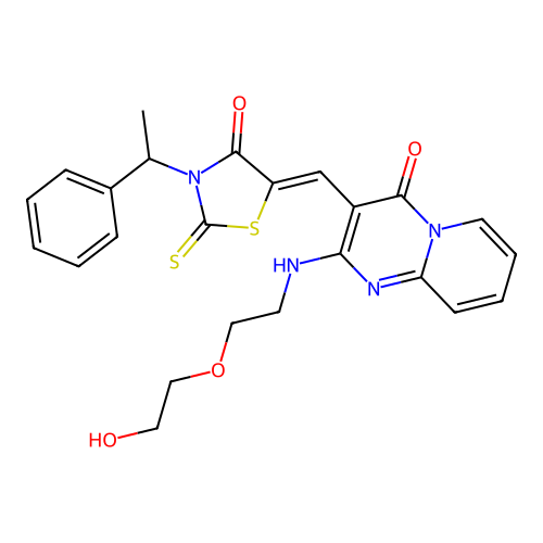 2-{[2-(2-hydroxyethoxy)ethyl]amino}-3-{(Z)-[4-oxo-3-(1-phenylethyl)-2-thioxo-1,3-thiazolidin-5-ylidene]methyl}-4H-pyrido[1,2-a]pyrimidin-4-one structure