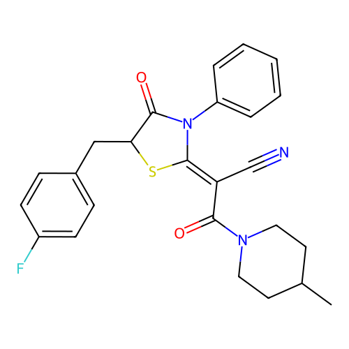 (Z)-2-(5-(4-fluorobenzyl)-4-oxo-3-phenylthiazolidin-2-ylidene)-3-(4-methylpiperidin-1-yl)-3-oxopropanenitrile structure
