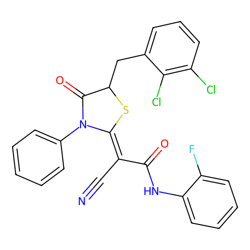 (2Z)-2-cyano-2-[5-(2,3-dichlorobenzyl)-4-oxo-3-phenyl-1,3-thiazolidin-2-ylidene]-N-(2-fluorophenyl)ethanamide structure