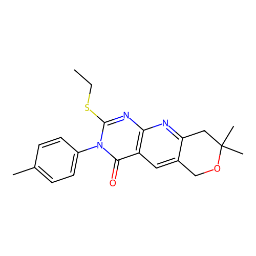 2-(ethylsulfanyl)-8,8-dimethyl-3-(4-methylphenyl)-3,6,8,9-tetrahydro-4H-pyrano[3',4':5,6]pyrido[2,3-d]pyrimidin-4-one structure
