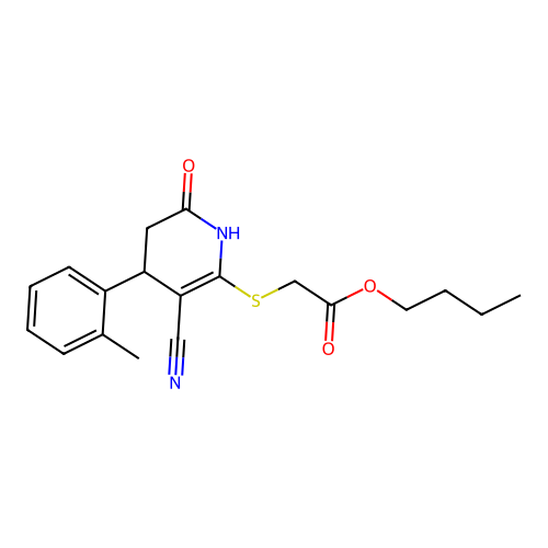 butyl {[3-cyano-4-(2-methylphenyl)-6-oxo-1,4,5,6-tetrahydropyridin-2-yl]sulfanyl}acetate structure