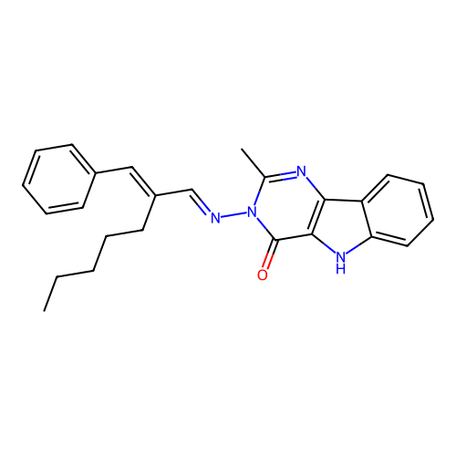 3-((E)-((E)-2-benzylideneheptylidene)amino)-2-methyl-3H-pyrimido[5,4-b]indol-4(5H)-one structure