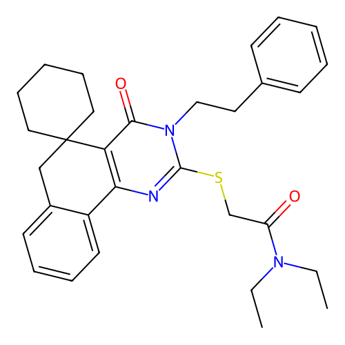 N,N-diethyl-2-((4-oxo-3-phenethyl-4,6-dihydro-3H-spiro[benzo[h]quinazoline-5,1'-cyclohexan]-2-yl)thio)acetamide structure