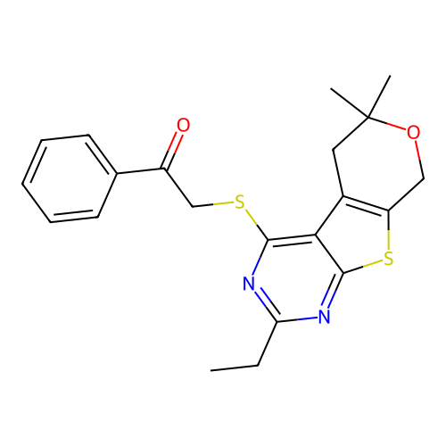 2-((2-ethyl-6,6-dimethyl-6,8-dihydro-5H-pyrano[4',3':4,5]thieno[2,3-d]pyrimidin-4-yl)thio)-1-phenylethanone structure