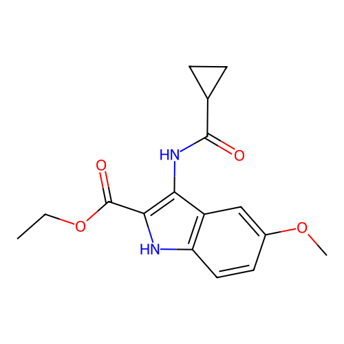 ethyl 3-[(cyclopropylcarbonyl)amino]-5-methoxy-1H-indole-2-carboxylate structure