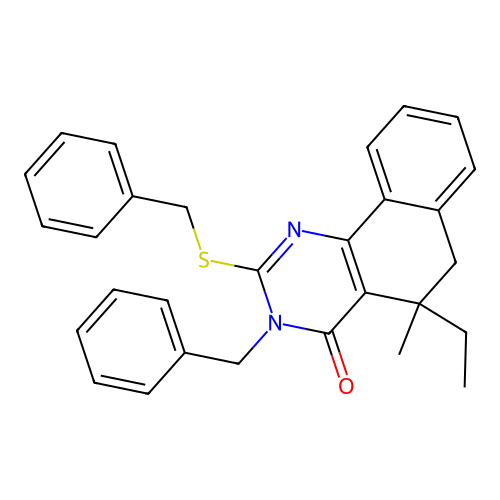 3-benzyl-2-benzylsulfanyl-5-ethyl-5-methyl-6H-benzo[h]quinazolin-4-one structure