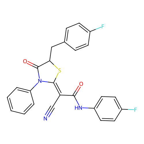 (2Z)-2-cyano-2-[5-(4-fluorobenzyl)-4-oxo-3-phenyl-1,3-thiazolidin-2-ylidene]-N-(4-fluorophenyl)ethanamide structure