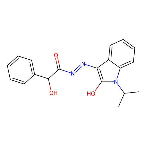 2-hydroxy-N-[(2-oxo-1-propan-2-ylindol-3-ylidene)amino]-2-phenylacetamide structure