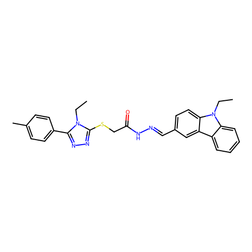 (E)-2-((4-ethyl-5-(p-tolyl)-4H-1,2,4-triazol-3-yl)thio)-N'-((9-ethyl-9H-carbazol-3-yl)methylene)acetohydrazide structure