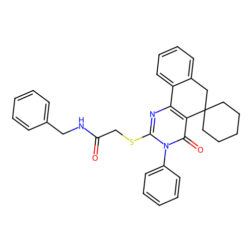N-benzyl-2-((4-oxo-3-phenyl-4,6-dihydro-3H-spiro[benzo[h]quinazoline-5,1'-cyclohexan]-2-yl)thio)acetamide structure