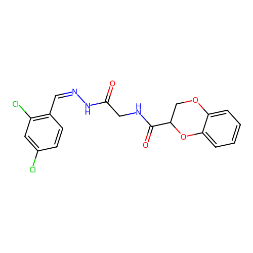 (Z)-N-(2-(2-(2,4-dichlorobenzylidene)hydrazinyl)-2-oxoethyl)-2,3-dihydrobenzo[b][1,4]dioxine-2-carboxamide structure