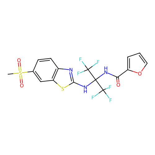 N-(1,1,1,3,3,3-hexafluoro-2-((6-(methylsulfonyl)benzo[d]thiazol-2-yl)amino)propan-2-yl)furan-2-carboxamide structure