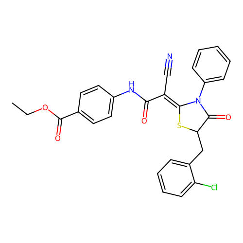 (Z)-ethyl 4-(2-(5-(2-chlorobenzyl)-4-oxo-3-phenylthiazolidin-2-ylidene)-2-cyanoacetamido)benzoate structure