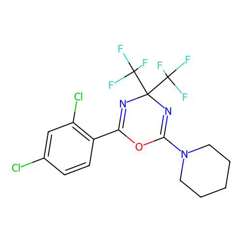 2-(2,4-dichlorophenyl)-6-(piperidin-1-yl)-4,4-bis(trifluoromethyl)-4H-1,3,5-oxadiazine structure