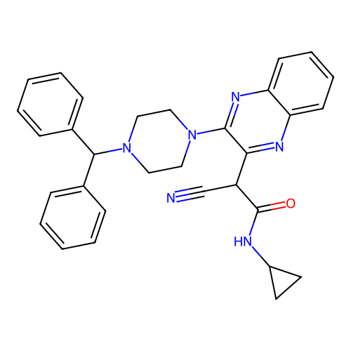 2-(3-(4-benzhydrylpiperazin-1-yl)quinoxalin-2-yl)-2-cyano-N-cyclopropylacetamide structure