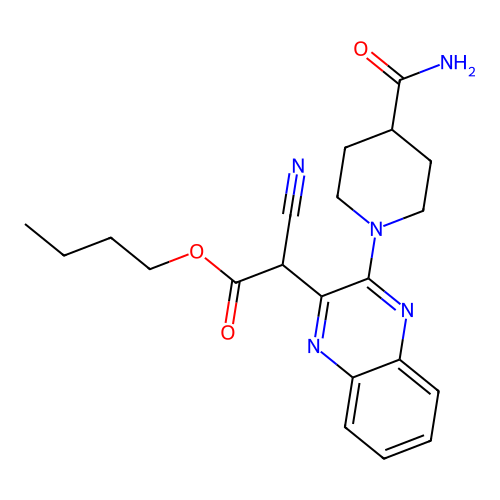 Butyl [3-(4-carbamoylpiperidin-1-yl)quinoxalin-2-yl](cyano)acetate structure