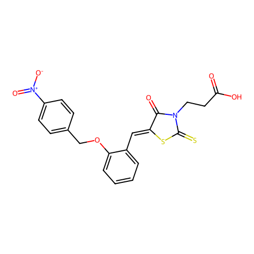 3-[(5Z)-5-{2-[(4-nitrobenzyl)oxy]benzylidene}-4-oxo-2-thioxo-1,3-thiazolidin-3-yl]propanoic acid structure