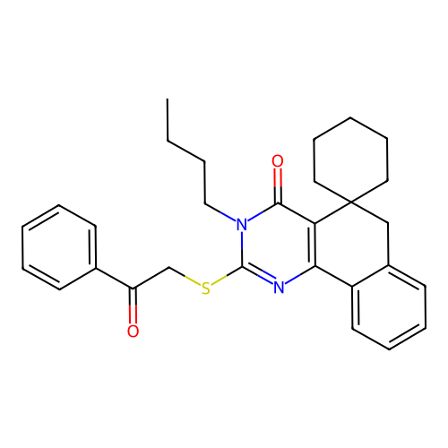 3-butyl-2-phenacylsulfanylspiro[6H-benzo[h]quinazoline-5,1'-cyclohexane]-4-one structure