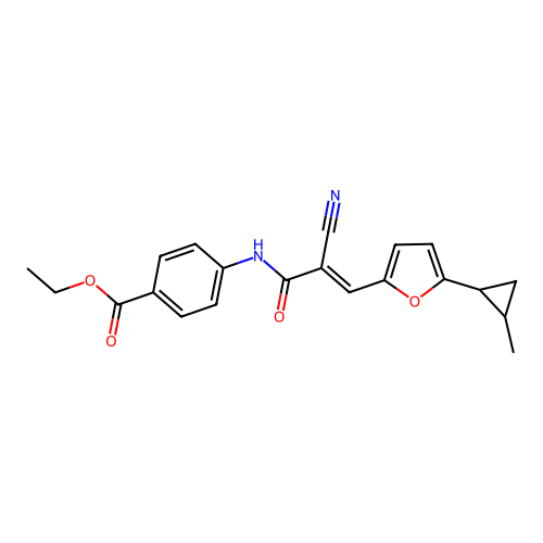 (E)-ethyl 4-(2-cyano-3-(5-(2-methylcyclopropyl)furan-2-yl)acrylamido)benzoate structure