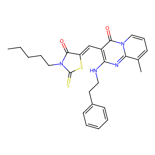 9-methyl-3-[(Z)-(4-oxo-3-pentyl-2-thioxo-1,3-thiazolidin-5-ylidene)methyl]-2-[(2-phenylethyl)amino]-4H-pyrido[1,2-a]pyrimidin-4-one structure