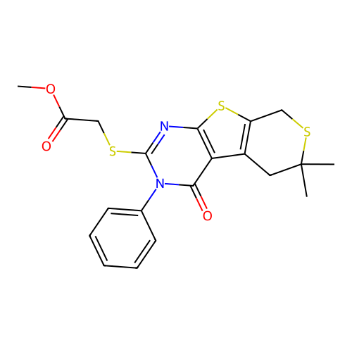 methyl [(6,6-dimethyl-4-oxo-3-phenyl-3,5,6,8-tetrahydro-4H-thiopyrano[4',3':4,5]thieno[2,3-d]pyrimidin-2-yl)sulfanyl]acetate structure