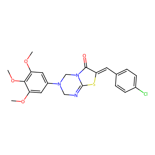 (7Z)-7-(4-chlorobenzylidene)-3-(3,4,5-trimethoxyphenyl)-3,4-dihydro-2H-[1,3]thiazolo[3,2-a][1,3,5]triazin-6(7H)-one structure