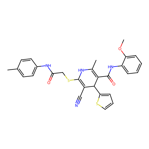 5-cyano-N-(2-methoxyphenyl)-2-methyl-6-((2-oxo-2-(p-tolylamino)ethyl)thio)-4-(thiophen-2-yl)-1,4-dihydropyridine-3-carboxamide structure