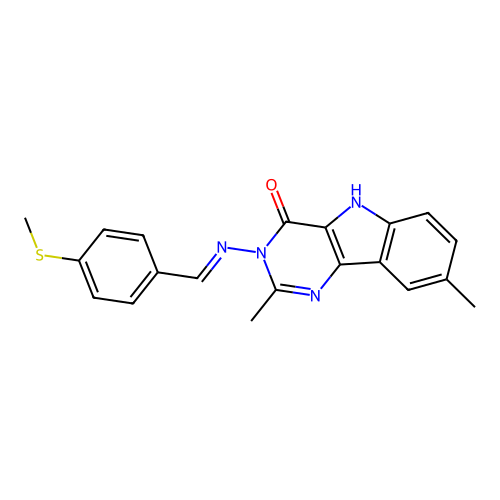 (E)-2,8-dimethyl-3-((4-(methylthio)benzylidene)amino)-3H-pyrimido[5,4-b]indol-4(5H)-one structure