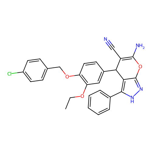 6-amino-4-{4-[(4-chlorobenzyl)oxy]-3-ethoxyphenyl}-3-phenyl-1,4-dihydropyrano[2,3-c]pyrazole-5-carbonitrile structure