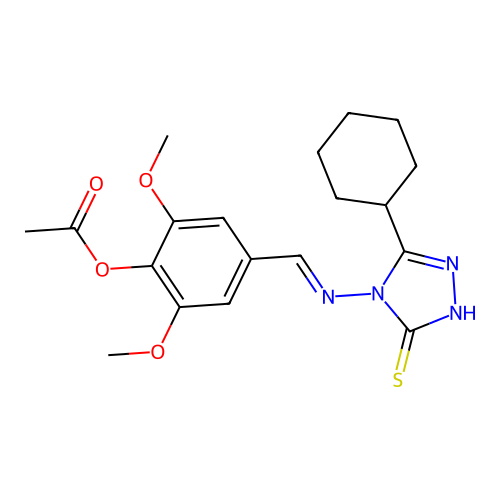 (E)-4-(((3-cyclohexyl-5-mercapto-4H-1,2,4-triazol-4-yl)imino)methyl)-2,6-dimethoxyphenyl acetate structure