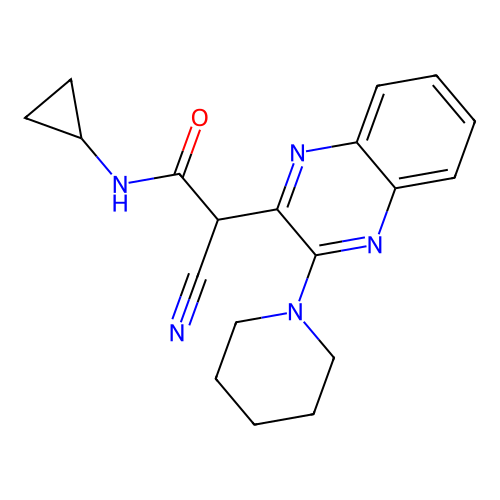 2-cyano-N-cyclopropyl-2-(3-(piperidin-1-yl)quinoxalin-2-yl)acetamide structure