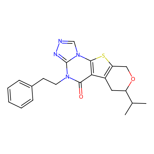 4-(2-phenylethyl)-7-(propan-2-yl)-6,9-dihydro-7H-pyrano[4',3':4,5]thieno[3,2-e][1,2,4]triazolo[4,3-a]pyrimidin-5(4H)-one structure
