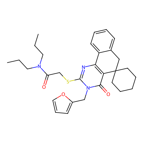 2-((3-(furan-2-ylmethyl)-4-oxo-4,6-dihydro-3H-spiro[benzo[h]quinazoline-5,1'-cyclohexan]-2-yl)thio)-N,N-dipropylacetamide structure