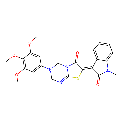 (7Z)-7-(1-methyl-2-oxo-1,2-dihydro-3H-indol-3-ylidene)-3-(3,4,5-trimethoxyphenyl)-3,4-dihydro-2H-[1,3]thiazolo[3,2-a][1,3,5]triazin-6(7H)-one structure