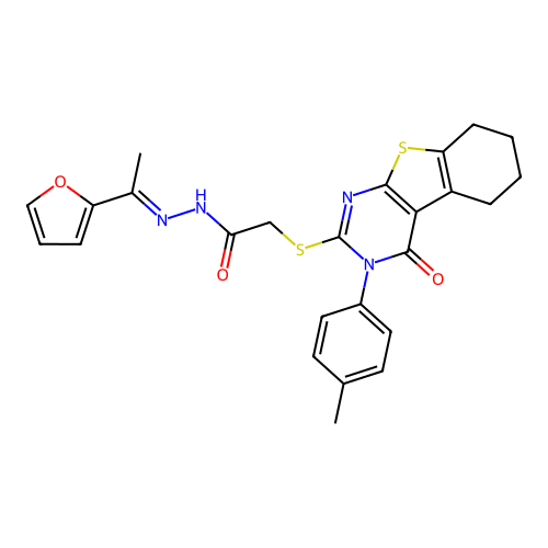 (E)-N'-(1-(furan-2-yl)ethylidene)-2-((4-oxo-3-(p-tolyl)-3,4,5,6,7,8-hexahydrobenzo[4,5]thieno[2,3-d]pyrimidin-2-yl)thio)acetohydrazide structure