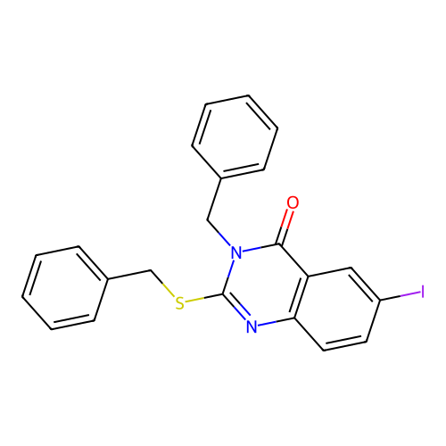 3-benzyl-2-(benzylsulfanyl)-6-iodoquinazolin-4(3H)-one structure