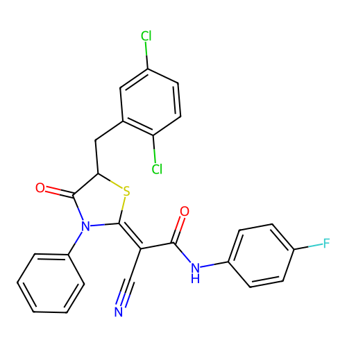 (2Z)-2-cyano-2-[5-(2,5-dichlorobenzyl)-4-oxo-3-phenyl-1,3-thiazolidin-2-ylidene]-N-(4-fluorophenyl)ethanamide structure