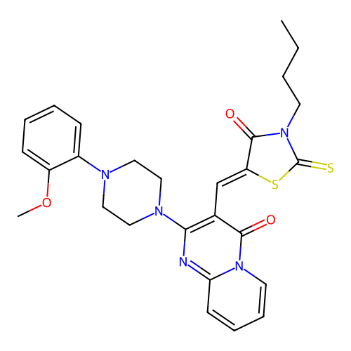 3-[(Z)-(3-butyl-4-oxo-2-thioxo-1,3-thiazolidin-5-ylidene)methyl]-2-[4-(2-methoxyphenyl)piperazin-1-yl]-4H-pyrido[1,2-a]pyrimidin-4-one structure